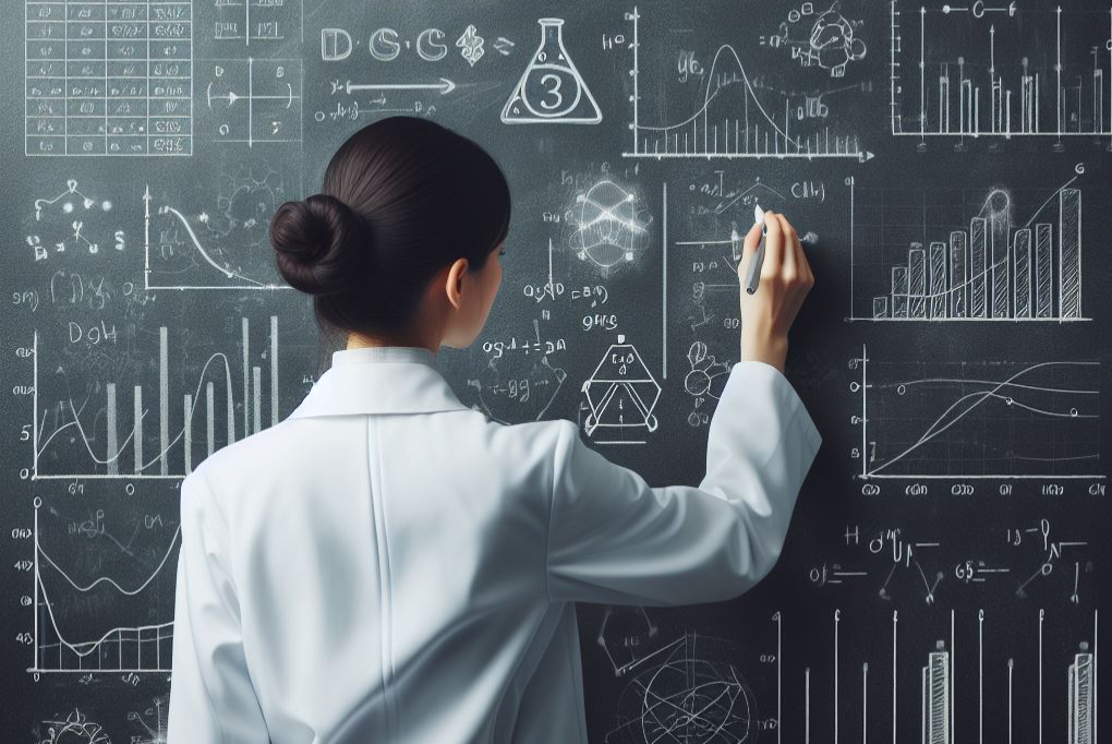 Das computergenerierte Bild zeit eine junge Frau mit schwarzen Haaren von hinten. Sie trägt einen Laborkittel und schreibt auf eine grüne Tafel mit Kreise eine Formel. Auf der Tafel sind weitere Formeln und Graphiken abgebildet.